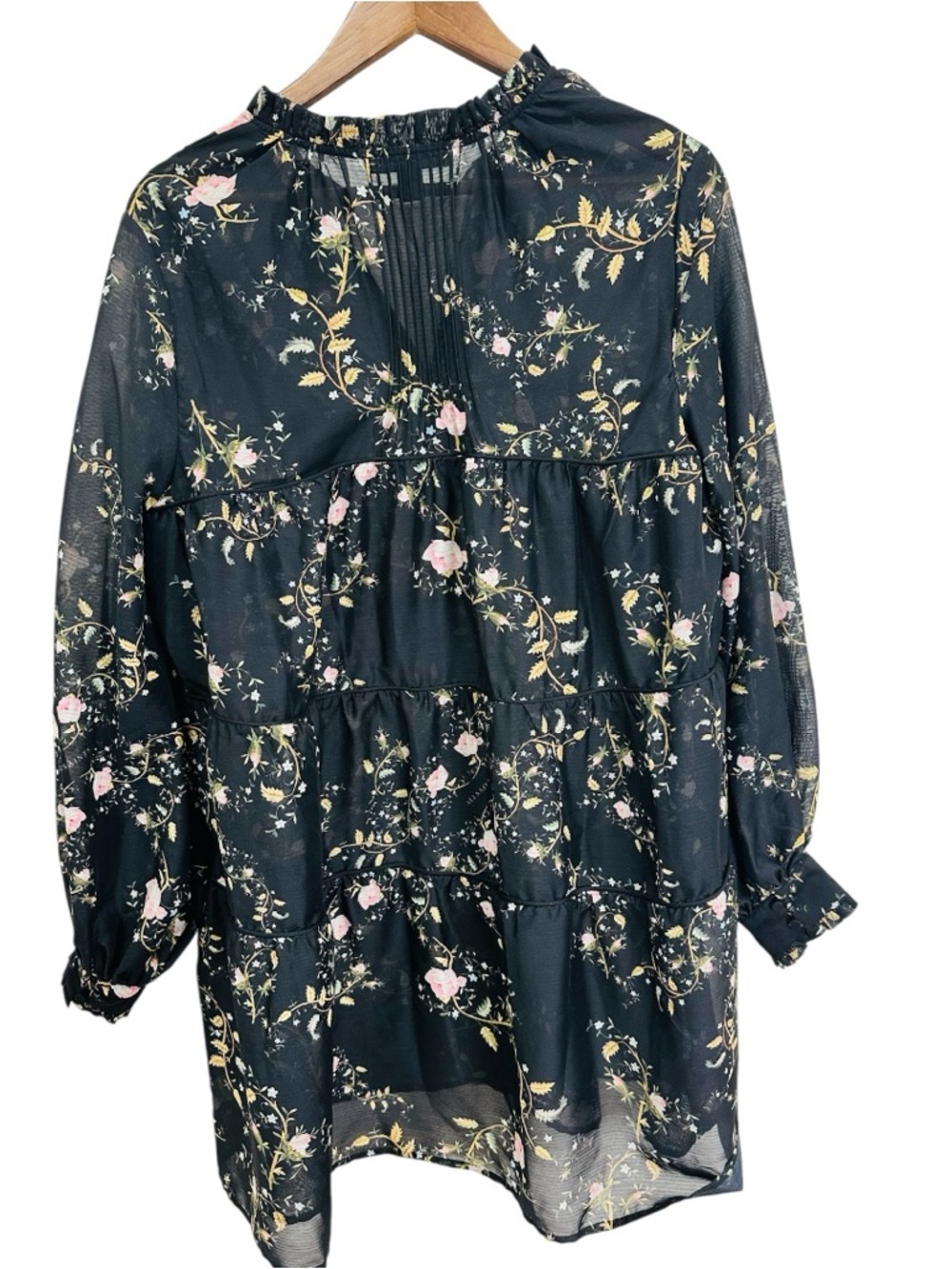 AllSaints Mandy Oto Mini Dress US 6 Black Floral Tiered Ruffle Neck Boho - Picture 3 of 8